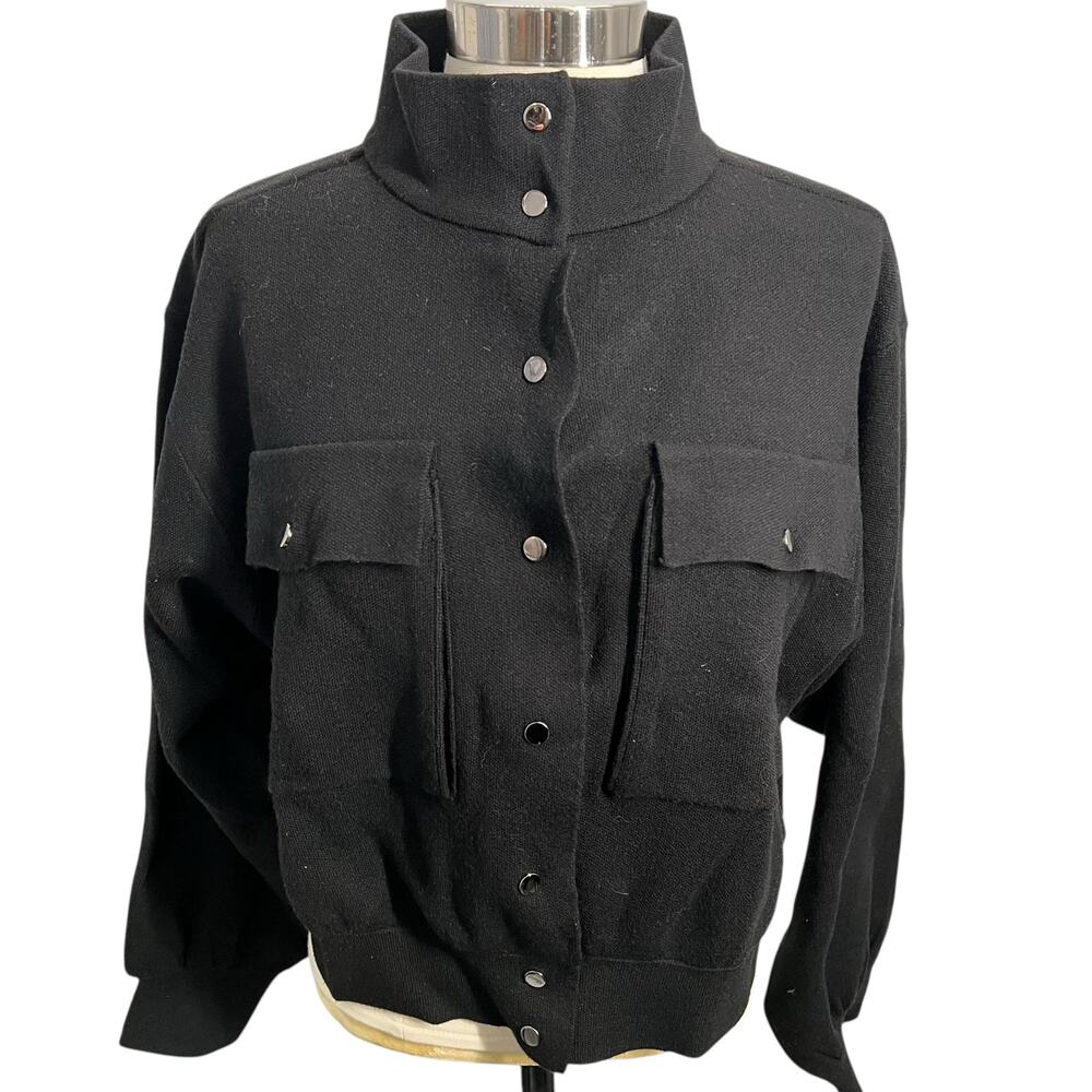 Marled Black Bomber Knit Cropped Sweater With Silver Snap Buttons Women's Small